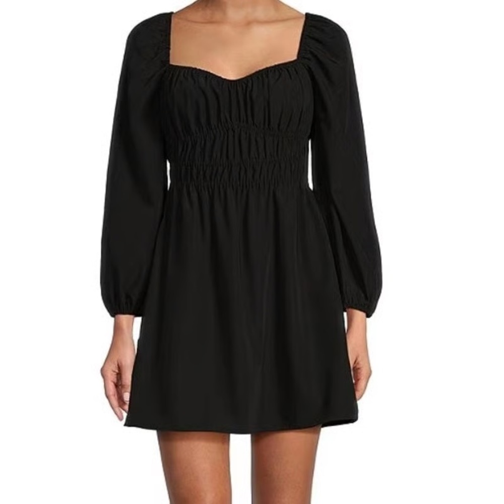 Gianni Bini Shirred Black Babydoll Mini Dress with Long Sleeved - Large